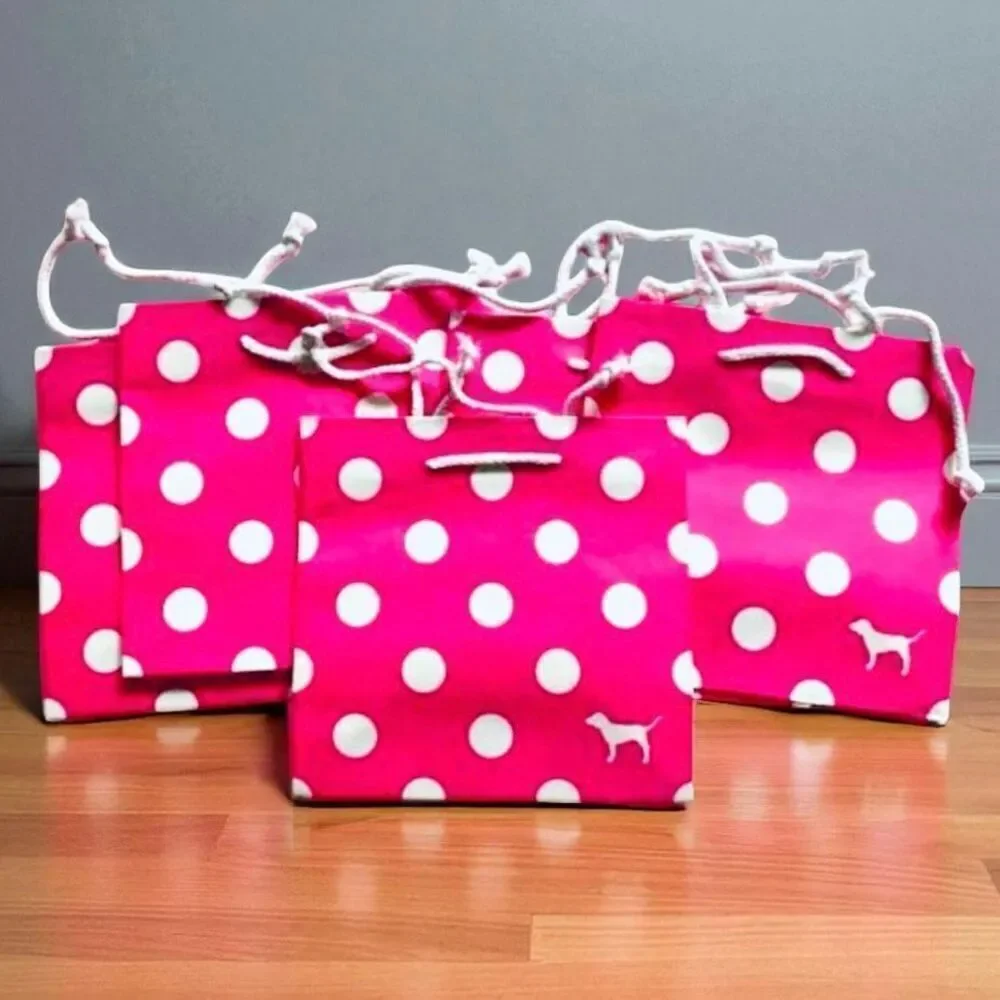 New 4 Victoria's Secret PINK Polka Dots 8”Hx8”Wx4.5”D Paper Gift Shopping Bags